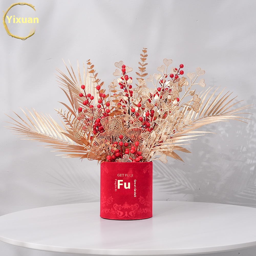 Artificial Flower Holly Fruit Fortune Fruit Year's Eve Flower Red Fruit Year's Decoration Fake Flower Material Golden Eucalyptus Small Fan Leaf