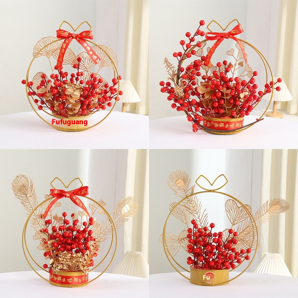 Year's Housewarming Fortune Fruit Artificial Flower Ornaments Spring Festival Wedding Iron Flower Basket Living Room Red Fruit Decorations