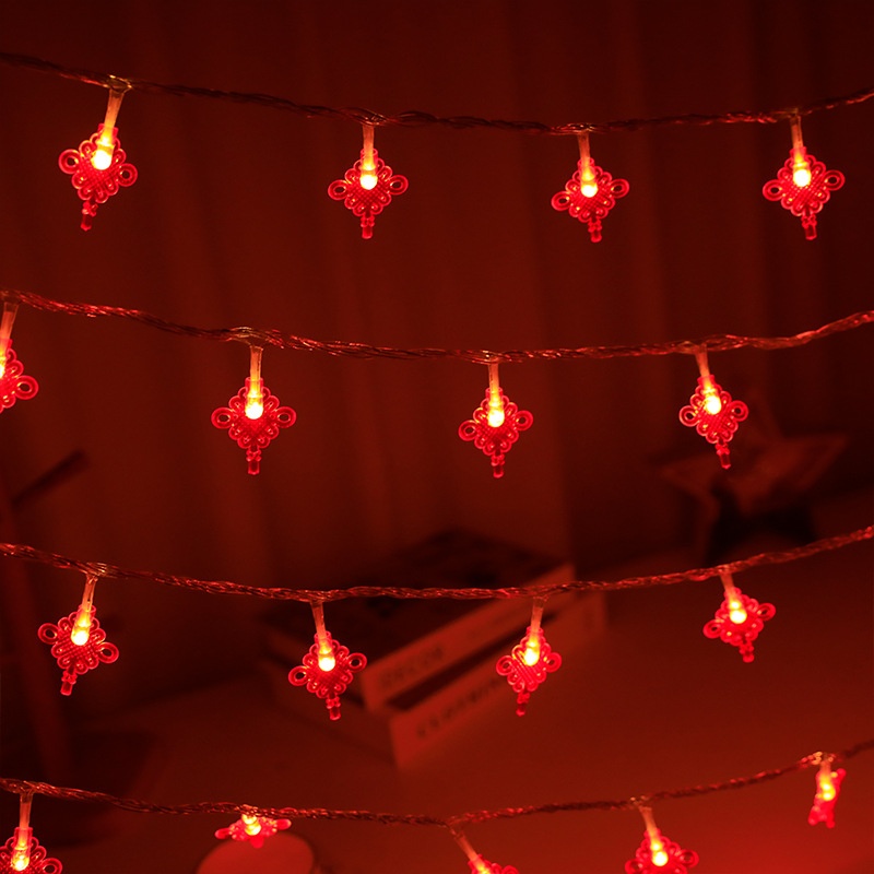 LEDString Lights Year Spring Festival Holiday Lights Red Lanterns Chinese Knot Lucky Character Decorative String Lights USBBattery Box Light String