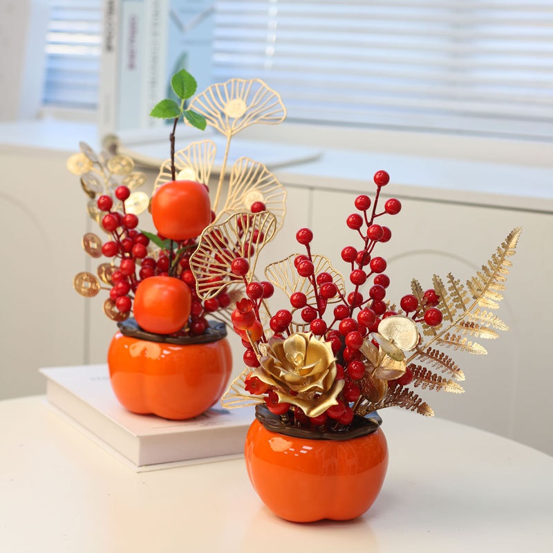 Spring Festival Persimmon Ruyi Finished Decorative Ornaments Plastic Simulation Persimmon Jar Golden Leaf Holly Living Room Decorations