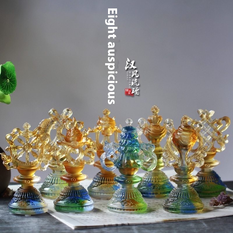 Colored Glazed Tibetan Buddhist Eight Auspicious Ornaments For Home Living Room,Temple,And Buddhist Crafts Placed In Front Of The Buddha