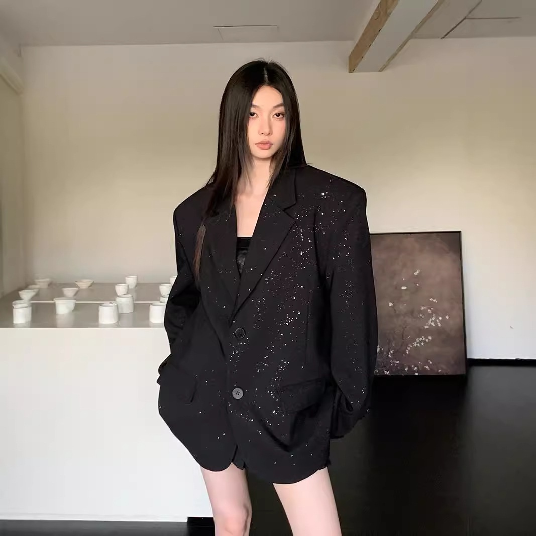 Black Sequin Suit Jacket Light Luxury Silhouette Shoulder Pad Suit Top