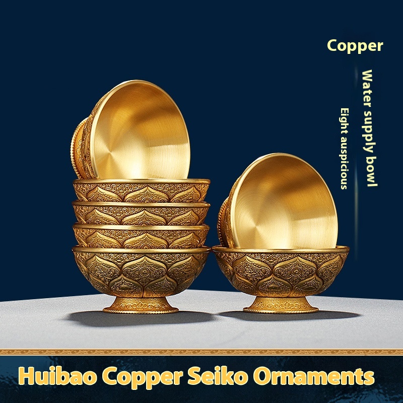 Huibao Brass Water Bowl,Eight Auspicious Carved Eight Treasure Cup,Home Office Holy Water Cup Table Decoration,Multiple Sizes To Choose From