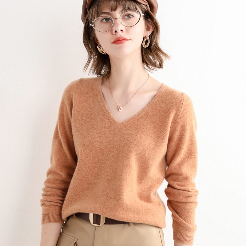 Autumn And Winter Wool Sweater Women's V-neck Top Versatile Sweater Fashionable Loose Bottom Knitted Wool Sweater Women