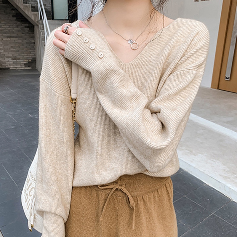 Pullover Loose Lazy Style Fashionable V-neck Sweater Long-sleeved Bottoming Sweater Top