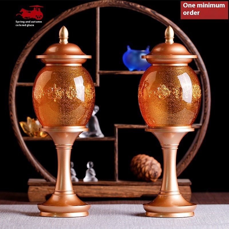 Glass Eight Auspicious Lamp LEDBuddha Front Long-Bright Lamp Tibetan Tantric Pure Copper Palace Lantern Home Buddhist Furniture Ornaments