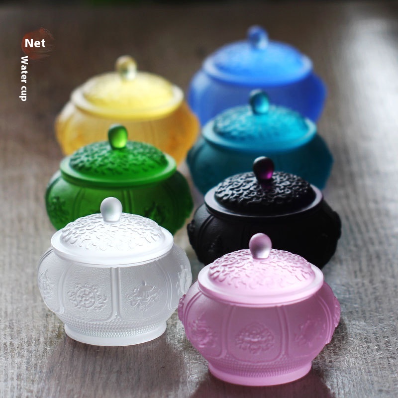 Coloured Glaze Eight Auspicious Water Purification Cup Sacred Water Cup Relief Buddha Tools Ornaments Home Buddha Hall For Buddha Front Cup Supplies