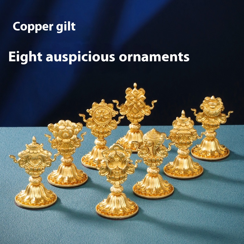 Tibetan Ethnic Style Eight Auspicious Ornaments Copper Gilded Home Office Eight Treasures Home Use Desktop Buddha Eight Offerings