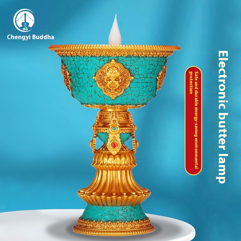 Electronic Butter Lamp For Buddha Lamp LEDCharging Simulation Flame Tibetan Style Household Eight Auspicious Imitation Turquoise Candlestick