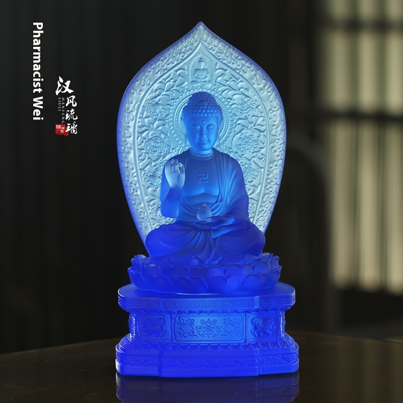 Ancient Colored Glaze Backboard Medicine Buddha Sun Moon Light Bodhisattva Living Room Buddhist Temple Placed Eastern Three Holy Buddha Statues Buddhist Utensils