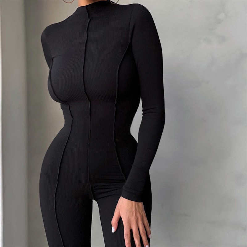 High Collar Tight High Waist Casual Solid Color Sports Jumpsuit