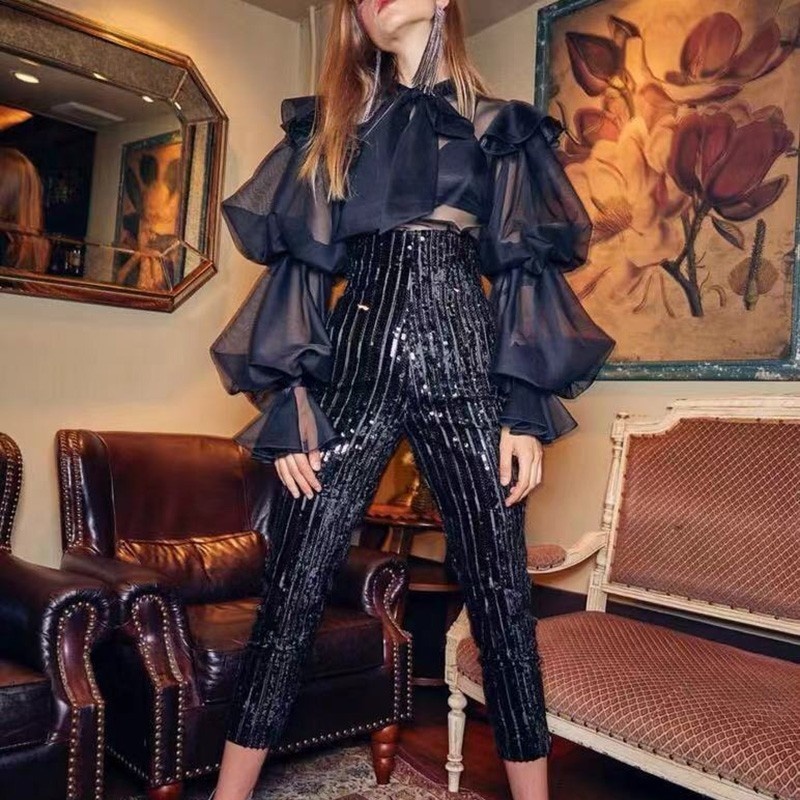 Perspective Chiffon Shirt Tops Fashion Bow Tie Bubble Long Sleeve Shirt