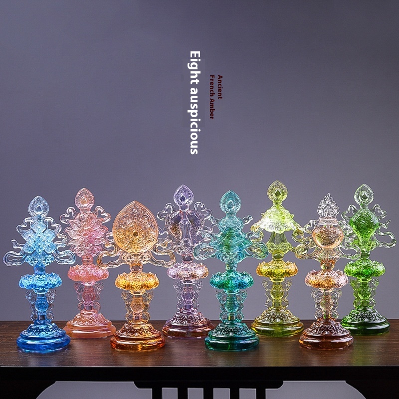 Colored Glazed Eight Auspicious Ornaments Auspicious Eight Treasures Colorful Buddhist Supplies Desktop Display Home Buddhist Temple Decoration Offerings