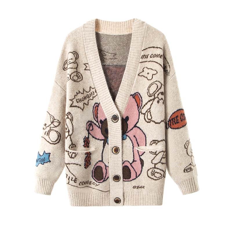 Jacquard Sweater Knit Cardigan-Fashionable Cartoon Bear Jacket