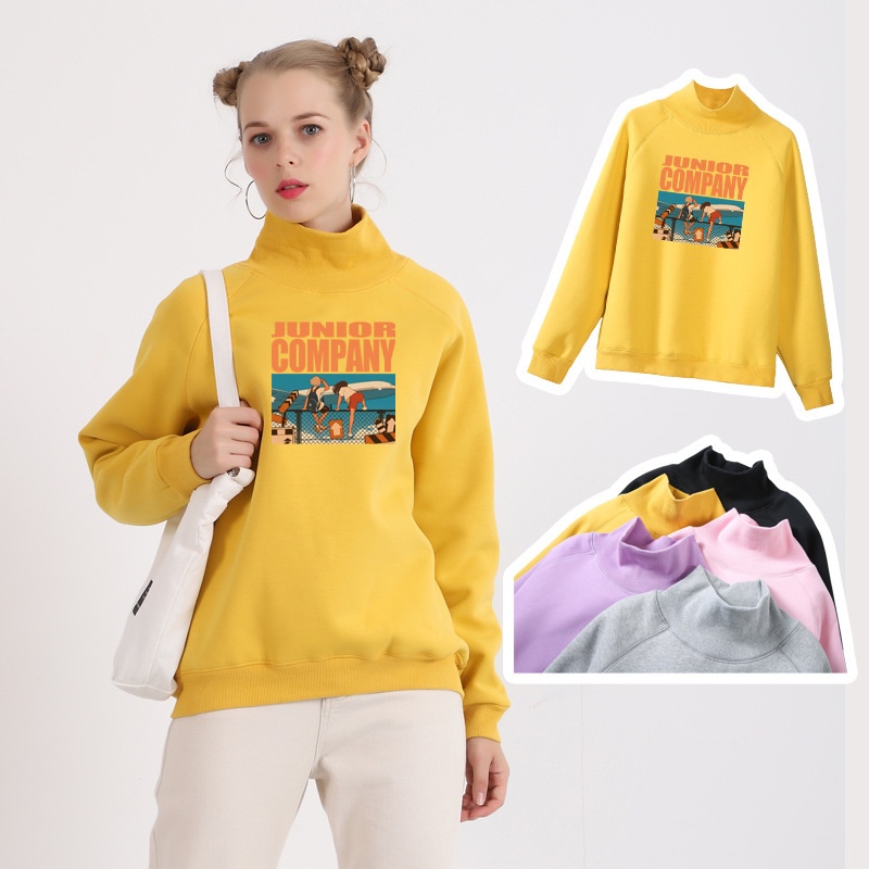 Korean Loose Student High Collar Printed Bottoming Shirt Top Plus Velvet Long Sleeve Sweater Female Autumn And Winter Clothing