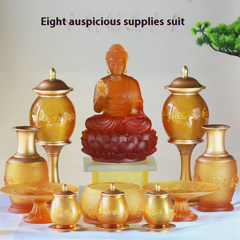 Amber Colored Glass Eight Auspicious Buddhist Set Ornaments For Home Worship Of Buddha Statues Supplies For Buddhist Temples