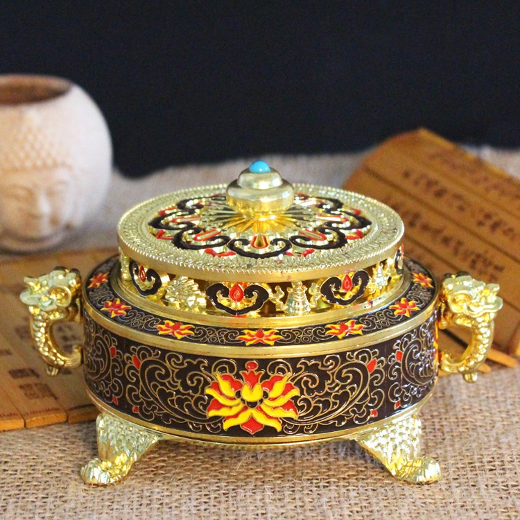 Cloisonne Colored Relief Enamel Painted Buddhist Temple Tray Incense Burner Copper Alloy Antique Incense Burner Aromatherapy Burner Sandalwood Burner