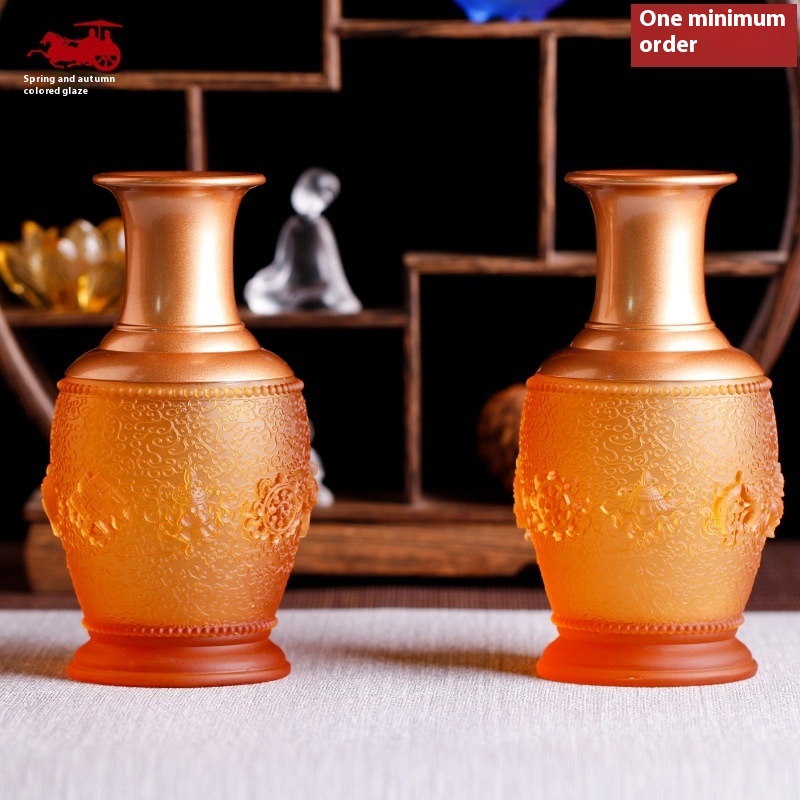Glass Chinese Vase Eight Auspicious Zen Pure Copper Relief Offering Bottle Tibetan Tantric Home Temple Buddha Flowers