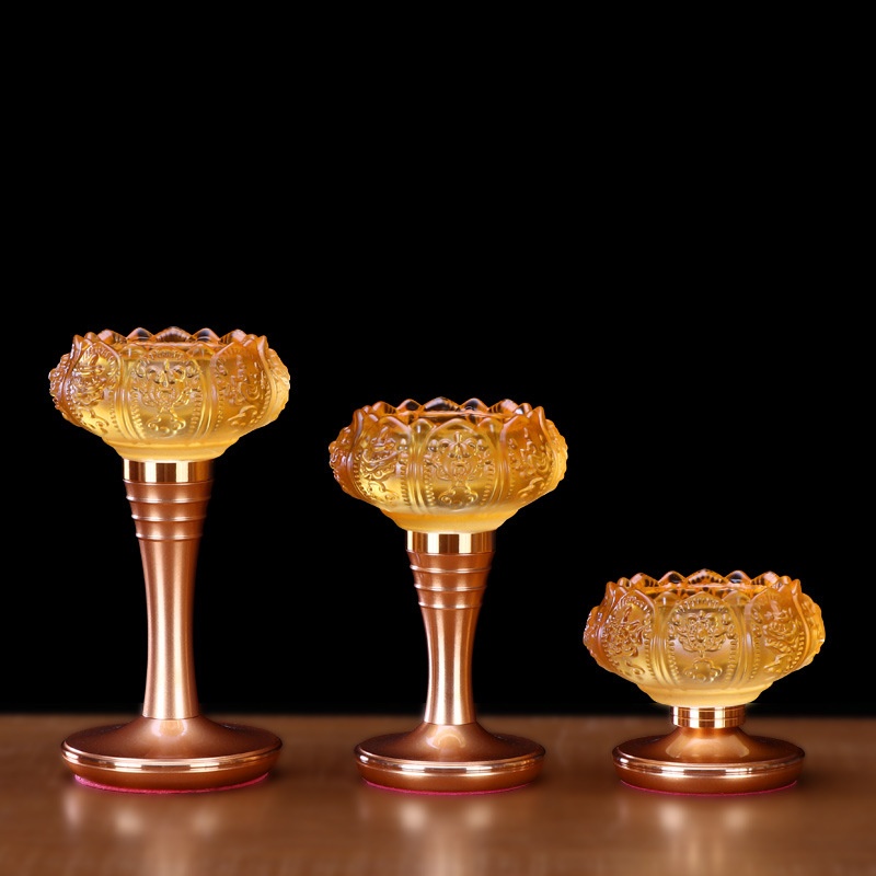 Yuantong Buddhist Supplies Butter Lamp Holder Lotus Glass Candlestick For Buddha Lamp Long-burning Lamp Home Eight Auspicious Candlestick Large