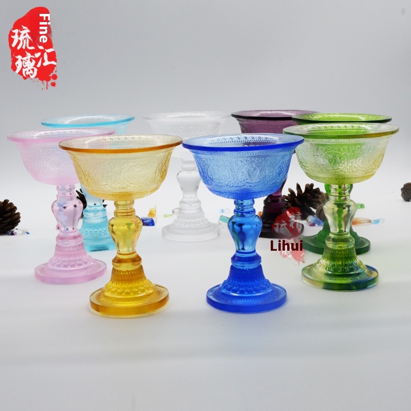 Ancient Glass Buddhist Supplies Glass Butter Lamp Holder Eight Auspicious Offering Cup Buddha Offering Bowl Offering Cup