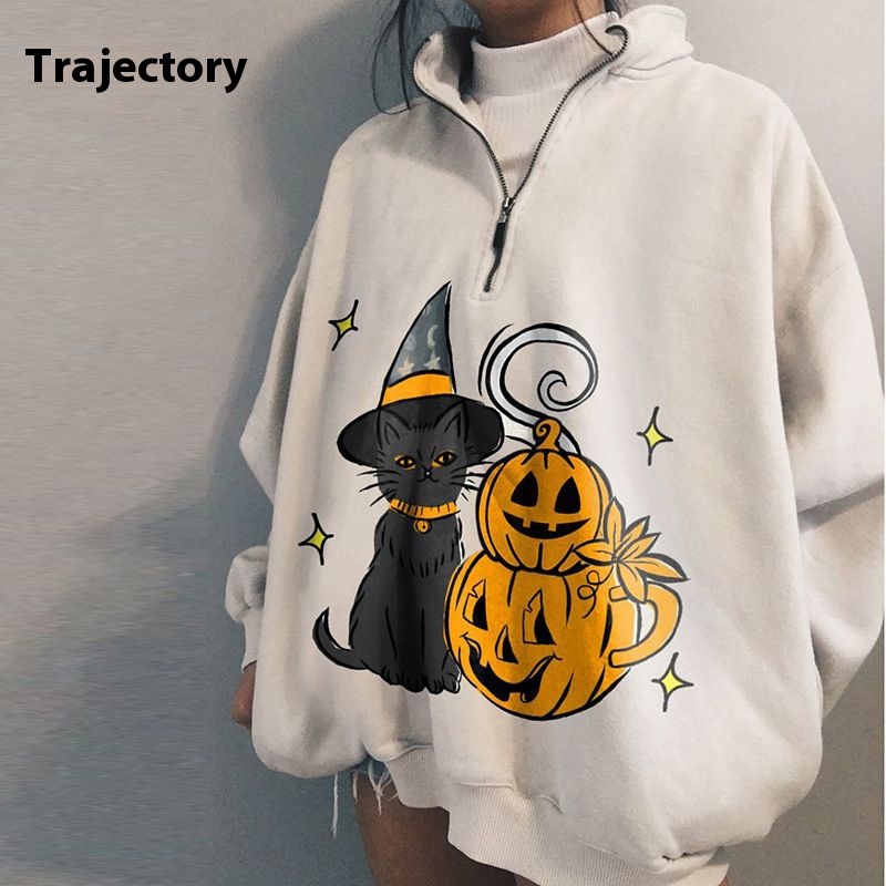 Foreign Trade Independent Station Halloween Fashion European And American Women's Lapel Printed Sweater Women's Autumn And Winter Jacket