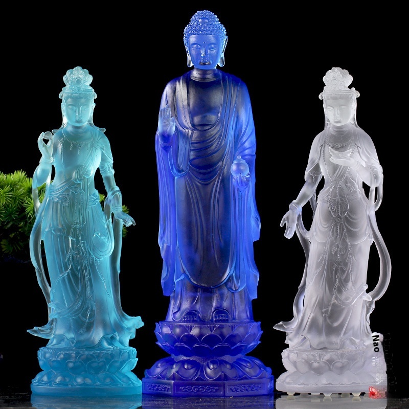 Glass Eastern Three Saints Standing Statue Medicine Buddha Statue Sun Moon Light Guanyin Bodhisattva Ornaments Home Living Room Buddhist Hall Placement