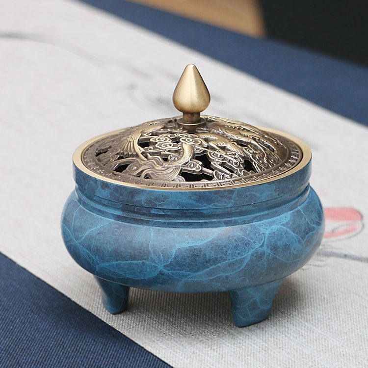 Blue Three-legged Copper Incense Burner All-copper Aromatherapy Burner Chinese Style Household Incense Burner Antique Zen Tea Ceremony Sandalwood Burner