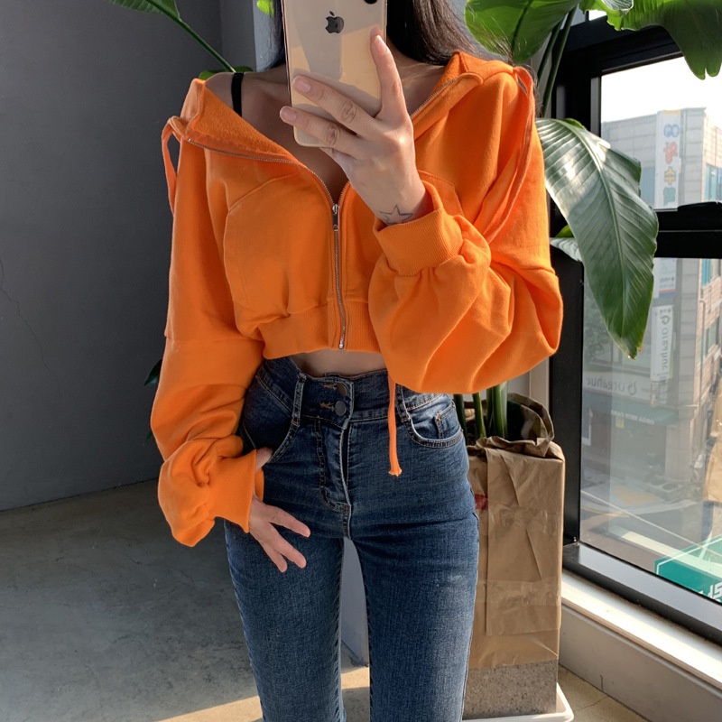 Spring And Autumn Style Plus Velvet Solid Color Hooded Sports Short Sweater Fashion Loose Zipper Cardigan Jacket Women's