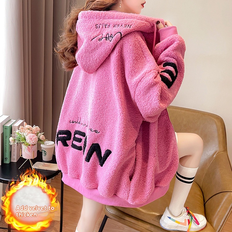 Teddy Velvet Winter Plus Velvet Sweatshirt For Women Korean Version Embroidered Zipper Top Fashion Women's Hooded Jacket