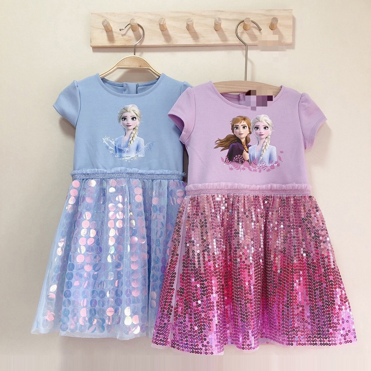 Girls Frozen2 Elsa Dress Summer Girls Dress Stylish Cotton Short-sleeved Elsa Princess Dress