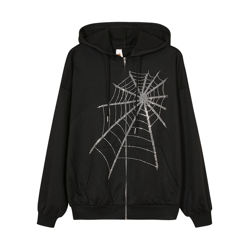 Foreign Trade European And American Spring And Autumn Jacket Hot Diamond Zipper Spider Web Cardigan Hooded Sweater
