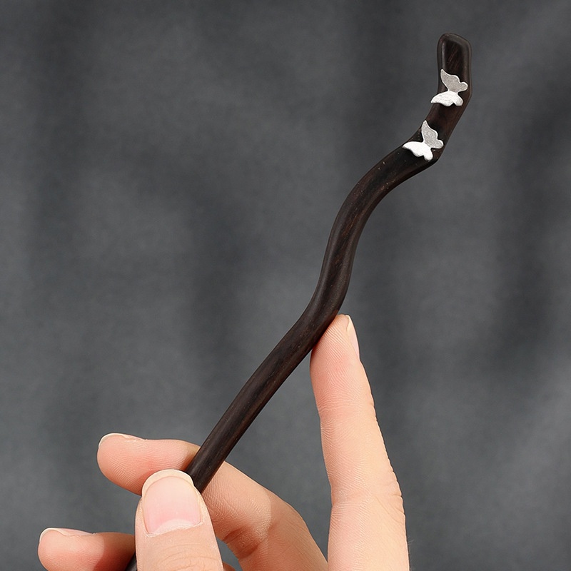 Ebony Inlaid925 Silver Butterfly Hairpin Pure Handmade Ancient Style Hairpin High-end Modern Simple Wooden Hairpin