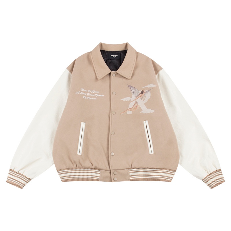 Represent Angel Cloud RPrint High Street Vintagey Leather Sleeve Loose Jacket Baseball Jacket