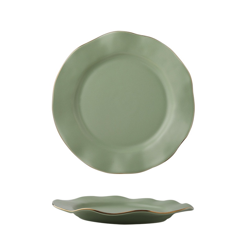 European Light Luxury Microwave Gold Edge Ceramic Tableware Creative Simple Color Glaze Household Rice Bowl Soup Plate Spoon