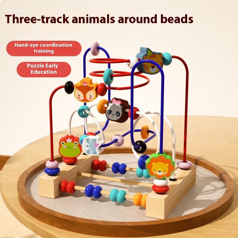 Multifunctional Animal Beads Infant Wooden Three-track Beaded Toys Hand-eye Coordination Training Early Education Educational Building Blocks