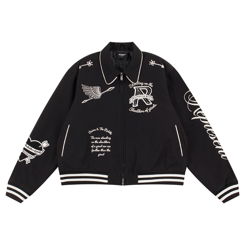 Represent Angel Letters Embroidery American High Street Retro Baseball Jacket Wool Zipper Jacket