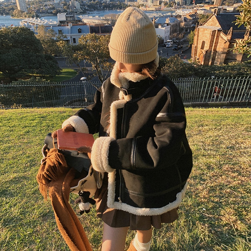 Fur And Leather Lambskin Coat Suede Motorcycle Jacket Lambskin Cotton Coat