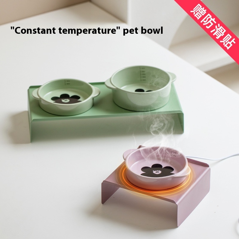 Constant Temperature Heating Ceramic Tall Cat Drinking Bowl Cervical Spine Protection Cat And Dog Bowl Pet Feeding Water Drinking Bowl Food Bowl Double Bowl