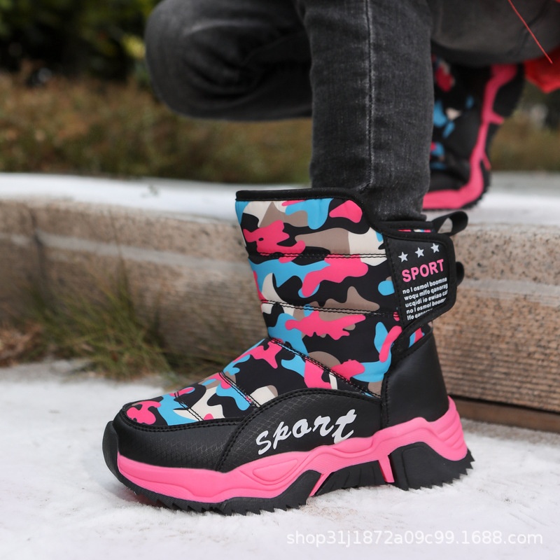 Foreign Trade Children's Cotton Shoes Girls Thickened Plush Snow Boots Camouflage Medium And Large Children's Casual Cotton Boots