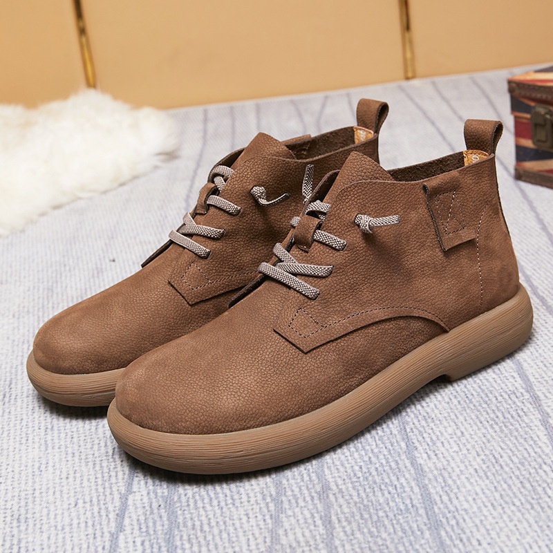 Autumn And Winter Frosted Cowhide Strap Casual Comfortable Non-slip Big Head Men's Shoes Leather Thick Bottom Short Boots