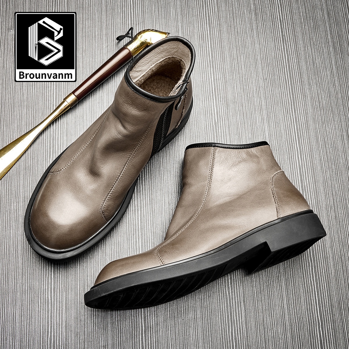 Autumn And Winter All-match Fleece-lined Martin Boots High-top Casual Shoes Men's Cowhide Boots Chelsea Ankle Boots