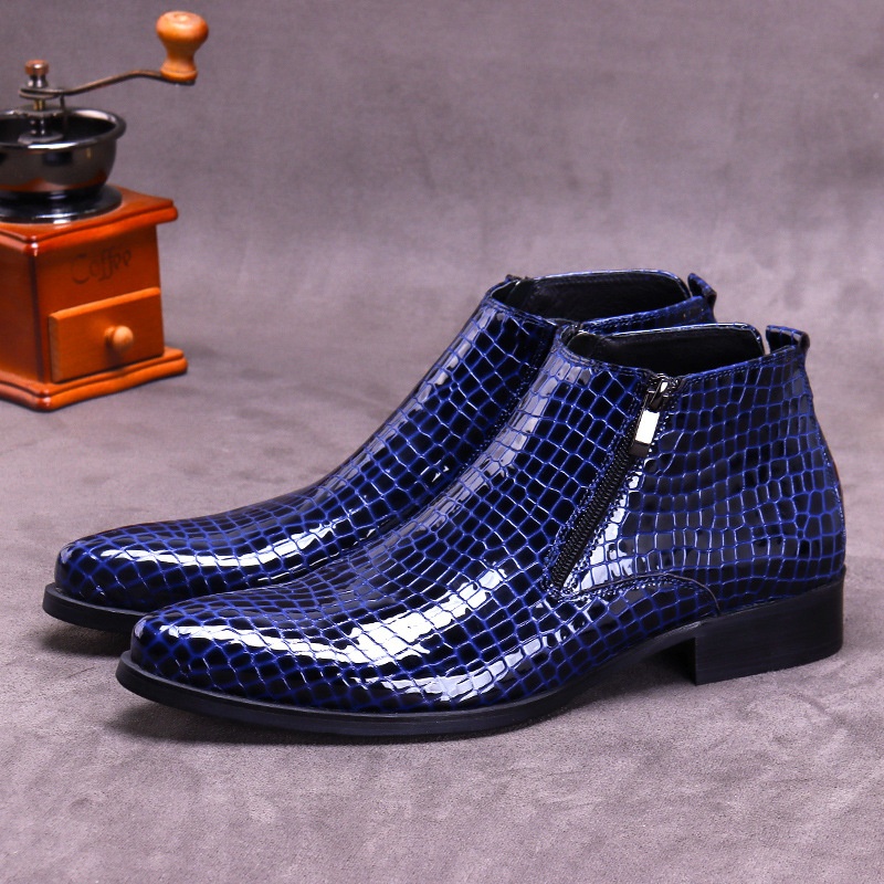 Style Genuine Leathery Bright Leather Low-top Leather Embossed Pattern Zipper Cowhide Large Size Business Pointed Toe Martin Boots Men's Shoes