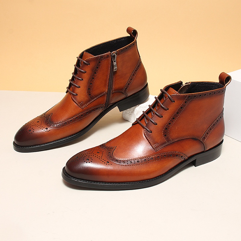 105012 Brogue Carved High Top Leather Boots Men's Chelsea Boots Genuine Leather Round Toe Short Boots Business Casual Leather Boots
