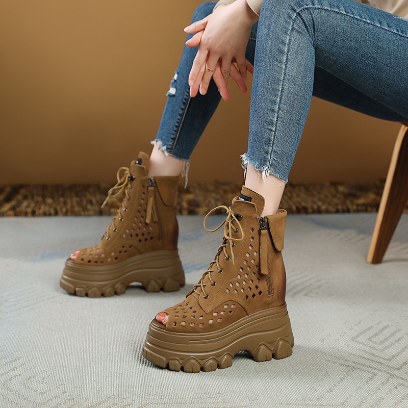 12cm Inner Height Increasing Leather Hollow High-top Roman Sandals Women's Fish-mouth Summer Platform Thick-soled Sandals Retro Martin Boots