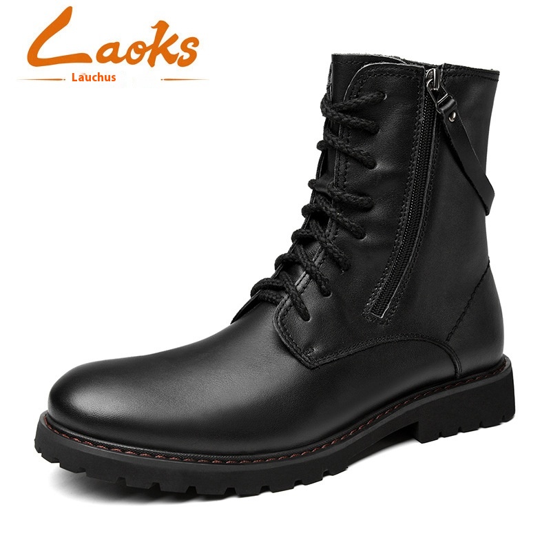 Laoks Men's Leather Boots Leather Soft Top Layer Cowhide Side Zipper High Martin Boots Outdoor Fashion