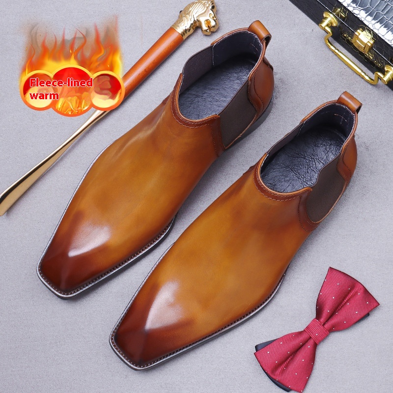 Winter Warm Business Chelsea Boots Drill Plus Velvet Cowhide Genuine Leather Men'sy Ankle Boots Casual British Style Slip-On