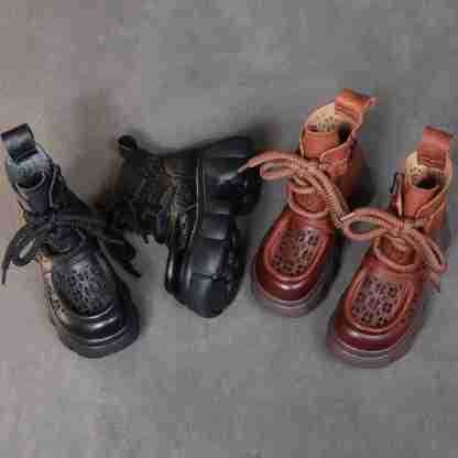 Summer Hollow Roman Shoes For Women Thick-soled Lace-up Sandals Genuine Leather Hole Shoes Short Boots High-top Platform Martin Boots