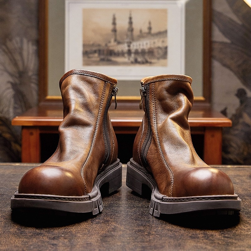 Retro Chelsea Martin Boots Genuine Leather Men's Winter British Style First Layer Cowhide Plus Velvet Warm Thick Bottom Short Boots