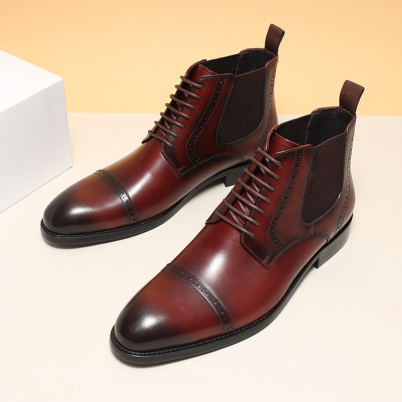 105-11 Slip-On Boots Brogue Carved High Top Leather Boots Men Chelsea Boots Genuine Leather Round Toe Ankle Boots