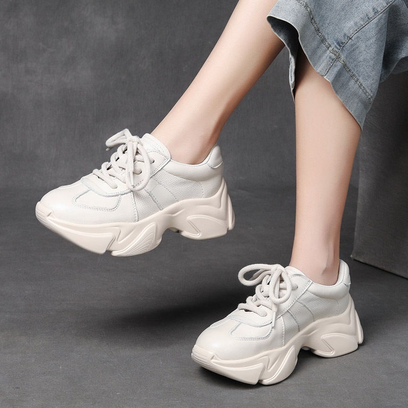 Jishu First Layer Cowhide Casual Women's Shoes Genuine Leather Laser Perforated Dad Shoes White Shoes Thick-soled Shoes Small Waist